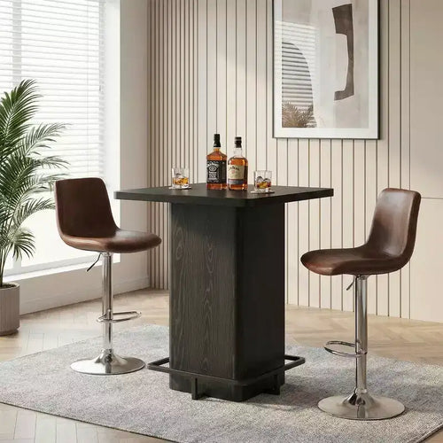 MAYEERTY 31.5 Minimalist Square Bar Table, Dark Wood-Grain MDF Top with Sturdy Pedestal & Metal Footrest, Compact 2-4 Person Home Pub Table