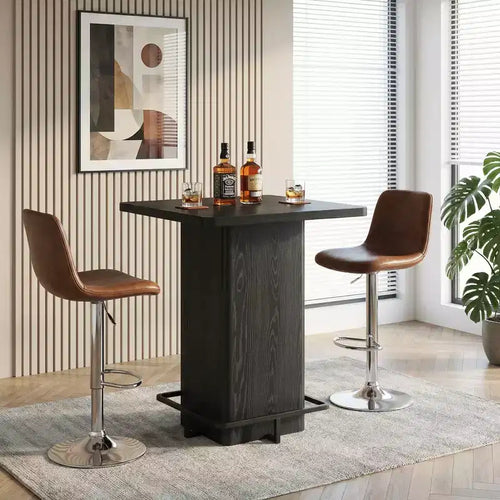 Tavolo da Bar Quadrato Minimalista 31,5'', Piano in MDF effetto Legno Scuro con Robusto Piedistallo e Poggiapiedi in Metallo, Tavolino da Pub Compatto per 2-4 Persone
