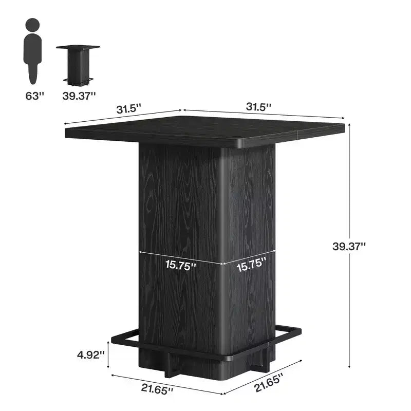 Tavolo da Bar Quadrato Minimalista 31,5'', Piano in MDF effetto Legno Scuro con Robusto Piedistallo e Poggiapiedi in Metallo, Tavolino da Pub Compatto per 2-4 Persone