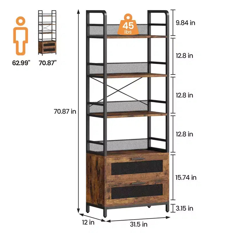 Libreria 70.87 con Cassetti, Librerie Rustiche, Scaffali a Giorno a 4 Livelli, Libreria Stile Rustico per Camera da Letto, Soggiorno, Ufficio, Marrone