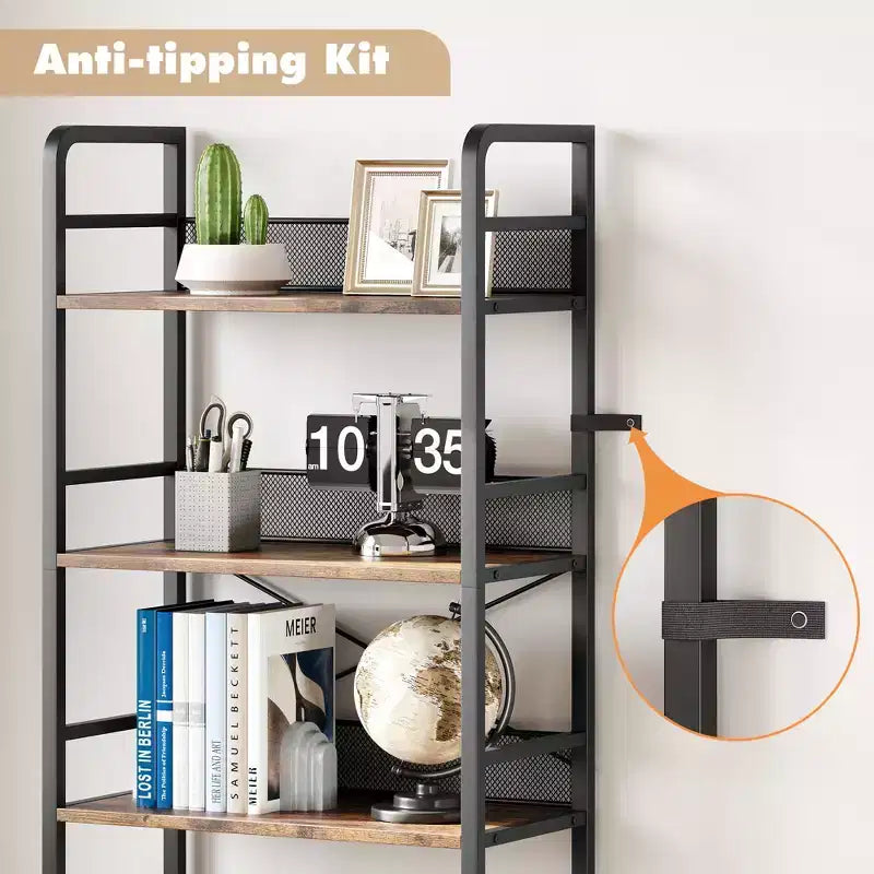 Libreria 70.87 con Cassetti, Librerie Rustiche, Scaffali a Giorno a 4 Livelli, Libreria Stile Rustico per Camera da Letto, Soggiorno, Ufficio, Marrone