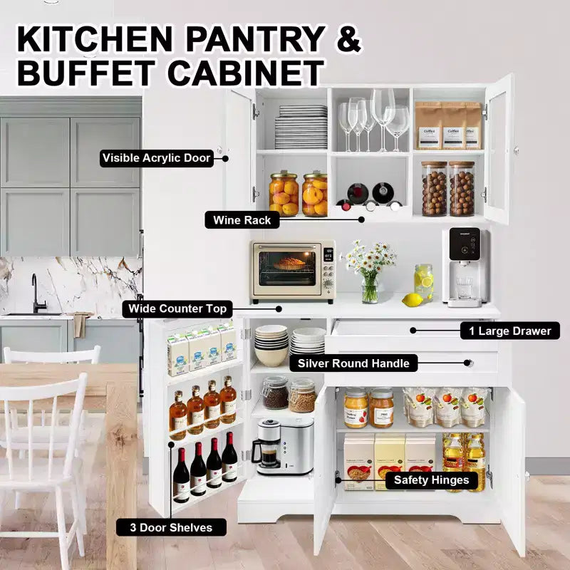 67.9 Mobile dispensa alto da cucina, armadietto da appoggio con cassetto, armadietto da cucina con supporto per microonde, mobile bar per il caffè