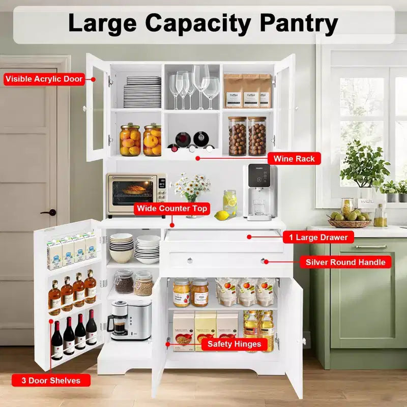 67.9 Mobile dispensa alto da cucina, armadietto da appoggio con cassetto, armadietto da cucina con supporto per microonde, mobile bar per il caffè