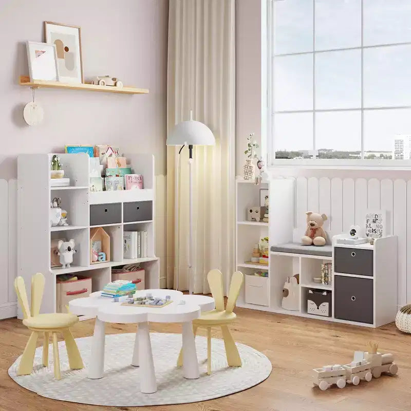 Libreria per bambini, larghezza 112 cm, contenitore per giocattoli, organizer, libreria bianca, cuscino per seduta, panca contenitore in legno a 6 scomparti, 2 cassetti, scaffale per armadietto per bambini