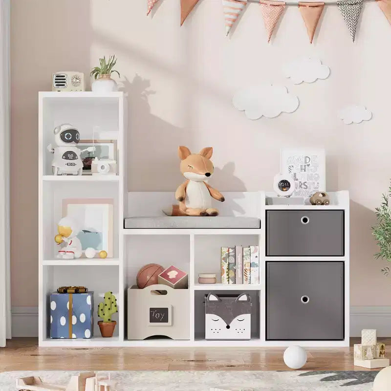 Libreria per bambini, larghezza 112 cm, contenitore per giocattoli, organizer, libreria bianca, cuscino per seduta, panca contenitore in legno a 6 scomparti, 2 cassetti, scaffale per armadietto per bambini