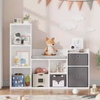 Libreria per bambini, larghezza 112 cm, contenitore per giocattoli, organizer, libreria bianca, cuscino per seduta, panca contenitore in legno a 6 scomparti, 2 cassetti, scaffale per armadietto per bambini