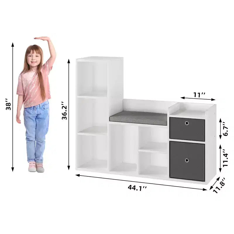Libreria per bambini, larghezza 112 cm, contenitore per giocattoli, organizer, libreria bianca, cuscino per seduta, panca contenitore in legno a 6 scomparti, 2 cassetti, scaffale per armadietto per bambini