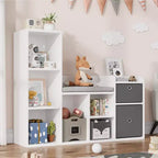 Libreria per bambini, larghezza 112 cm, contenitore per giocattoli, organizer, libreria bianca, cuscino per seduta, panca contenitore in legno a 6 scomparti, 2 cassetti, scaffale per armadietto per bambini
