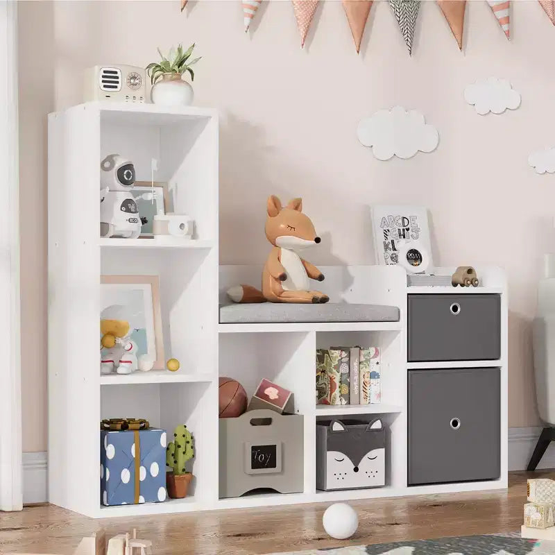 Libreria per bambini, larghezza 112 cm, contenitore per giocattoli, organizer, libreria bianca, cuscino per seduta, panca contenitore in legno a 6 scomparti, 2 cassetti, scaffale per armadietto per bambini