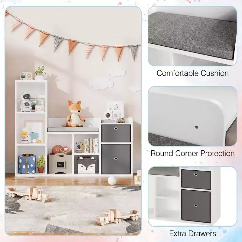 Libreria per bambini, larghezza 112 cm, contenitore per giocattoli, organizer, libreria bianca, cuscino per seduta, panca contenitore in legno a 6 scomparti, 2 cassetti, scaffale per armadietto per bambini