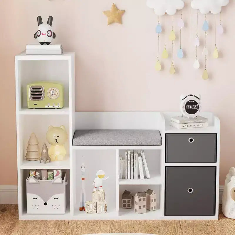 Libreria per bambini, larghezza 112 cm, contenitore per giocattoli, organizer, libreria bianca, cuscino per seduta, panca contenitore in legno a 6 scomparti, 2 cassetti, scaffale per armadietto per bambini