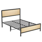 CuisinSmart Bed Frame with Rattan Headbaord & Footboard, Boho Bed Frame with Heavy-duty Metal Slat Supports, No Box Spring Needed