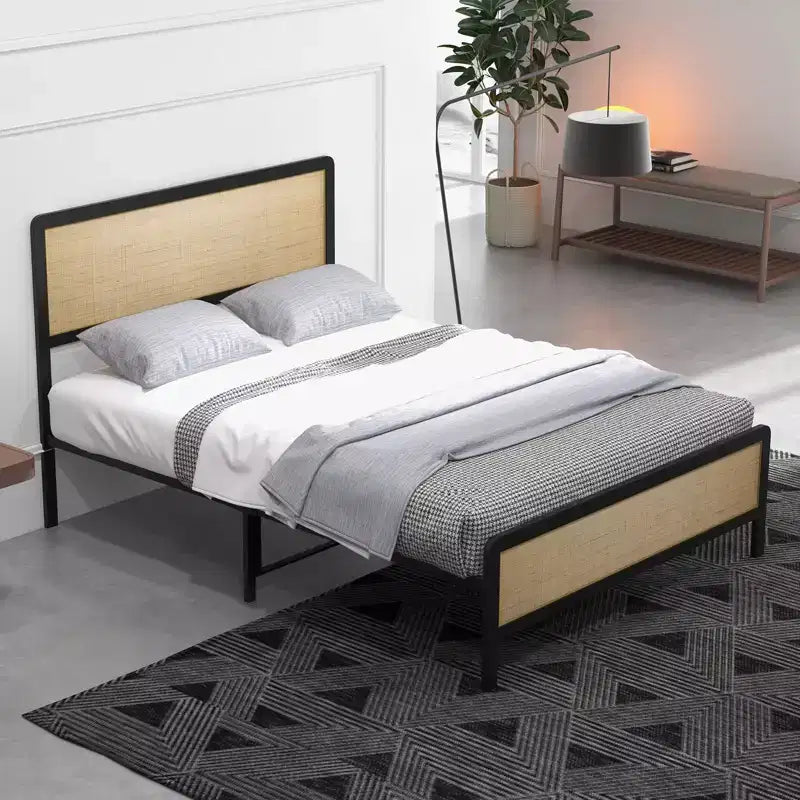 Struttura Letto con Testiera e Pediera in Rattan, Struttura Letto Bohémien con Supporti a Doghe in Metallo Resistenti, Nessuna Rete a Molle Necessaria