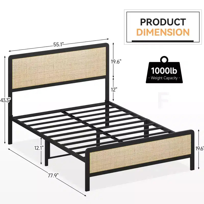Struttura Letto con Testiera e Pediera in Rattan, Struttura Letto Bohémien con Supporti a Doghe in Metallo Resistenti, Nessuna Rete a Molle Necessaria