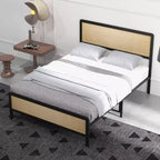Struttura Letto con Testiera e Pediera in Rattan, Struttura Letto Bohémien con Supporti a Doghe in Metallo Resistenti, Nessuna Rete a Molle Necessaria