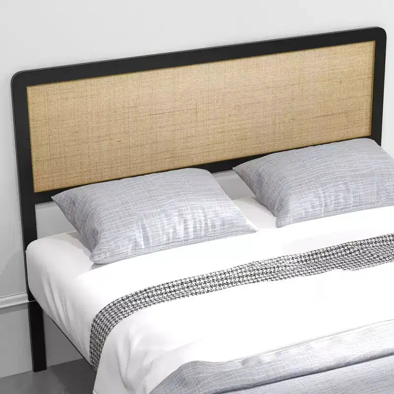 Struttura Letto con Testiera e Pediera in Rattan, Struttura Letto Bohémien con Supporti a Doghe in Metallo Resistenti, Nessuna Rete a Molle Necessaria