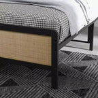 Struttura Letto con Testiera e Pediera in Rattan, Struttura Letto Bohémien con Supporti a Doghe in Metallo Resistenti, Nessuna Rete a Molle Necessaria