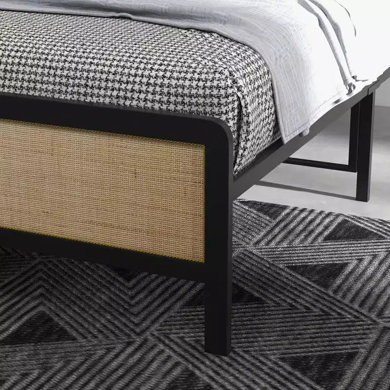 Struttura Letto con Testiera e Pediera in Rattan, Struttura Letto Bohémien con Supporti a Doghe in Metallo Resistenti, Nessuna Rete a Molle Necessaria