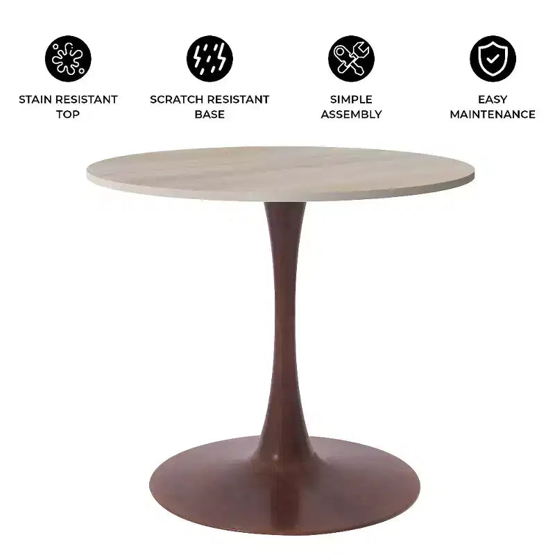 Tavolo da pranzo rotondo Bristol 27 con piano in pietra sinterizzata e base a piedistallo in acciaio color ciliegio per cucina e sala da pranzo moderne