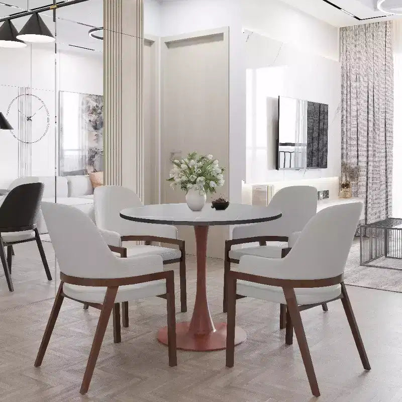 Tavolo da pranzo rotondo Bristol 27 con piano in pietra sinterizzata e base a piedistallo in acciaio color ciliegio per cucina e sala da pranzo moderne