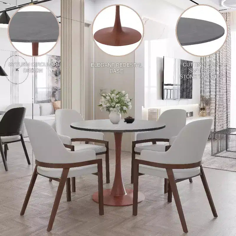 Tavolo da pranzo rotondo Bristol 27 con piano in pietra sinterizzata e base a piedistallo in acciaio color ciliegio per cucina e sala da pranzo moderne
