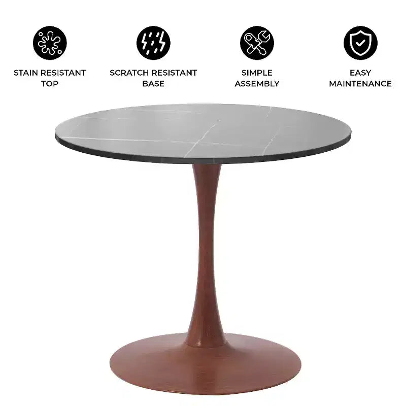 Tavolo da pranzo rotondo Bristol 27 con piano in pietra sinterizzata e base a piedistallo in acciaio color ciliegio per cucina e sala da pranzo moderne