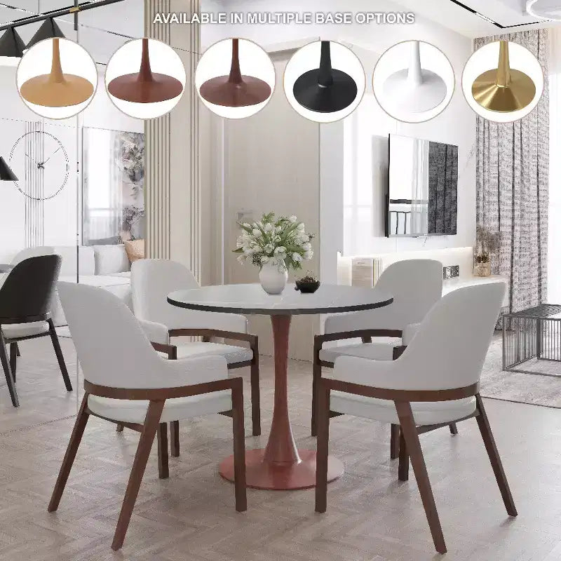 Tavolo da pranzo rotondo Bristol 27 con piano in pietra sinterizzata e base a piedistallo in acciaio color ciliegio per cucina e sala da pranzo moderne