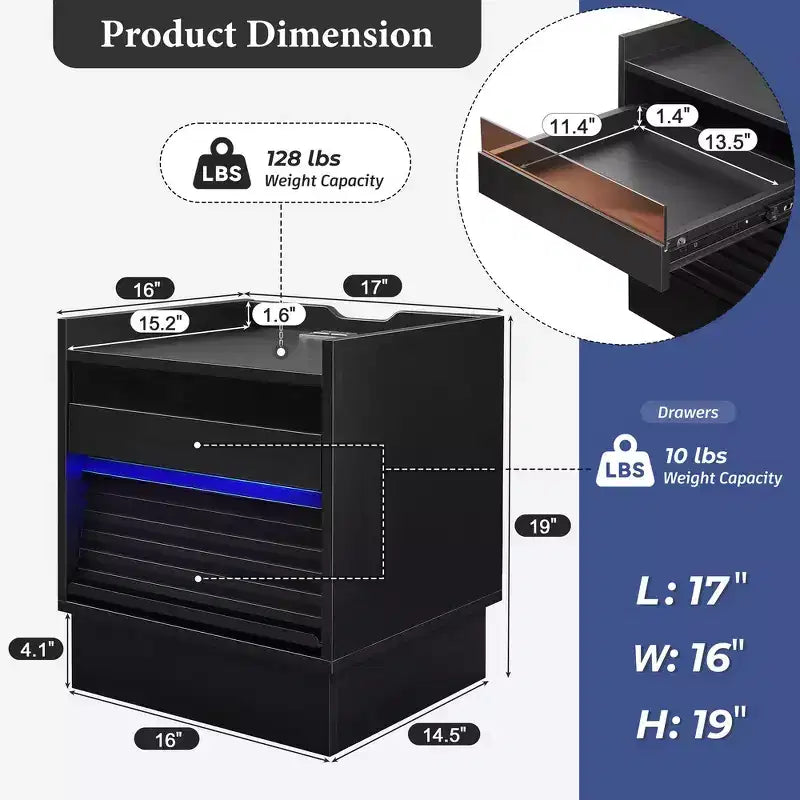 Comodino Moderno con 2 Cassetti, Luci LED e Porte di Ricarica, Ampio Spazio Contenitivo