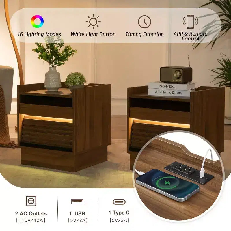 Comodino Moderno con 2 Cassetti, Luci LED e Porte di Ricarica, Ampio Spazio Contenitivo