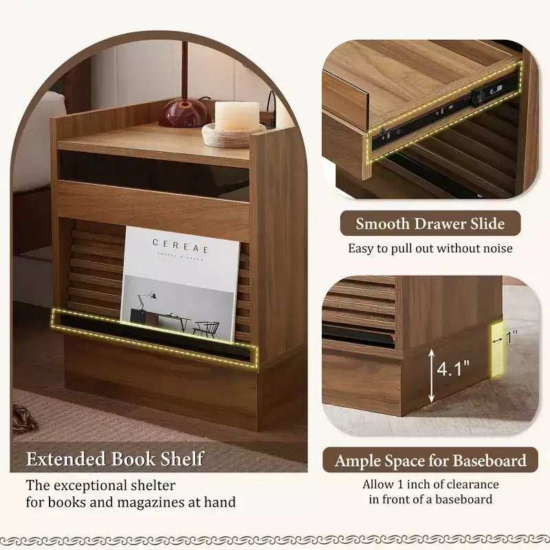 Comodino Moderno con 2 Cassetti, Luci LED e Porte di Ricarica, Ampio Spazio Contenitivo