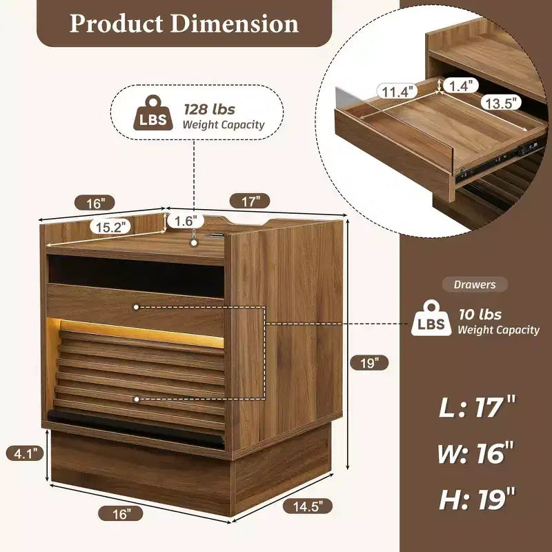 Comodino Moderno con 2 Cassetti, Luci LED e Porte di Ricarica, Ampio Spazio Contenitivo