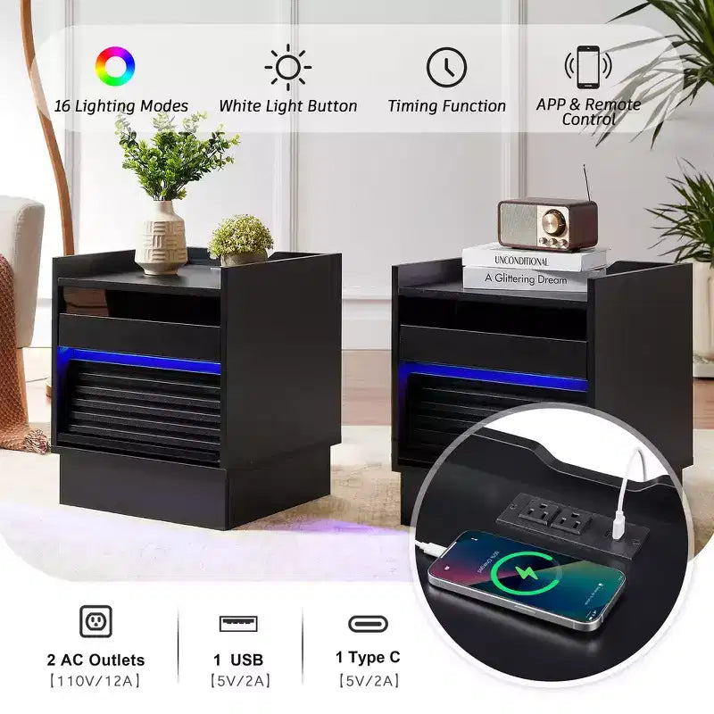 Comodino Moderno con 2 Cassetti, Luci LED e Porte di Ricarica, Ampio Spazio Contenitivo