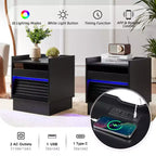 Comodino Moderno con 2 Cassetti, Luci LED e Porte di Ricarica, Ampio Spazio Contenitivo