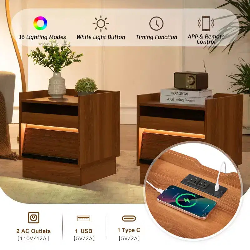 Comodino Moderno con 2 Cassetti, Luci LED e Porte di Ricarica, Ampio Spazio Contenitivo