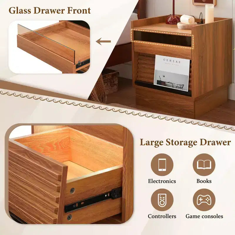Comodino Moderno con 2 Cassetti, Luci LED e Porte di Ricarica, Ampio Spazio Contenitivo
