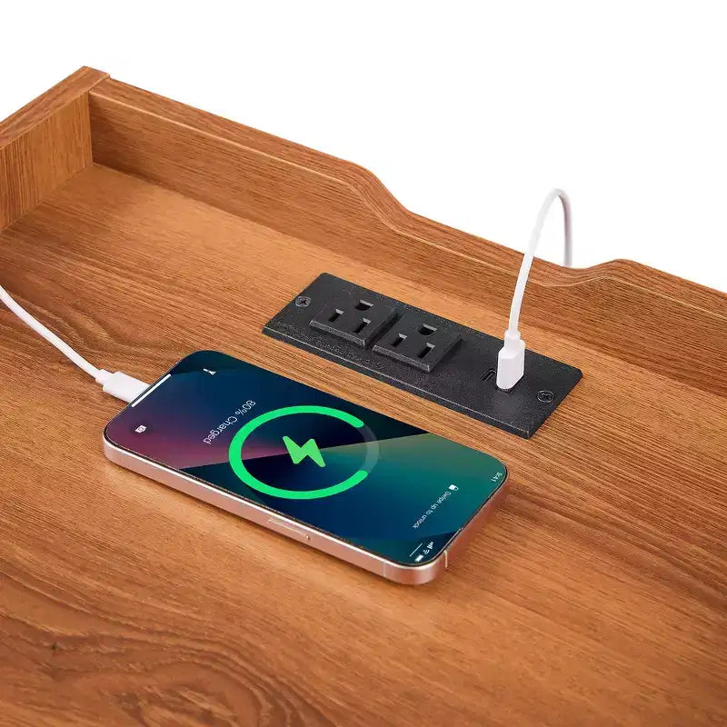 Comodino Moderno con 2 Cassetti, Luci LED e Porte di Ricarica, Ampio Spazio Contenitivo