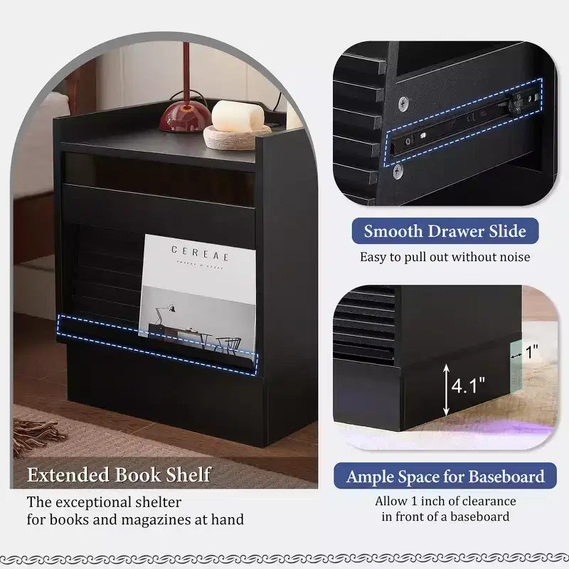 Comodino Moderno con 2 Cassetti, Luci LED e Porte di Ricarica, Ampio Spazio Contenitivo
