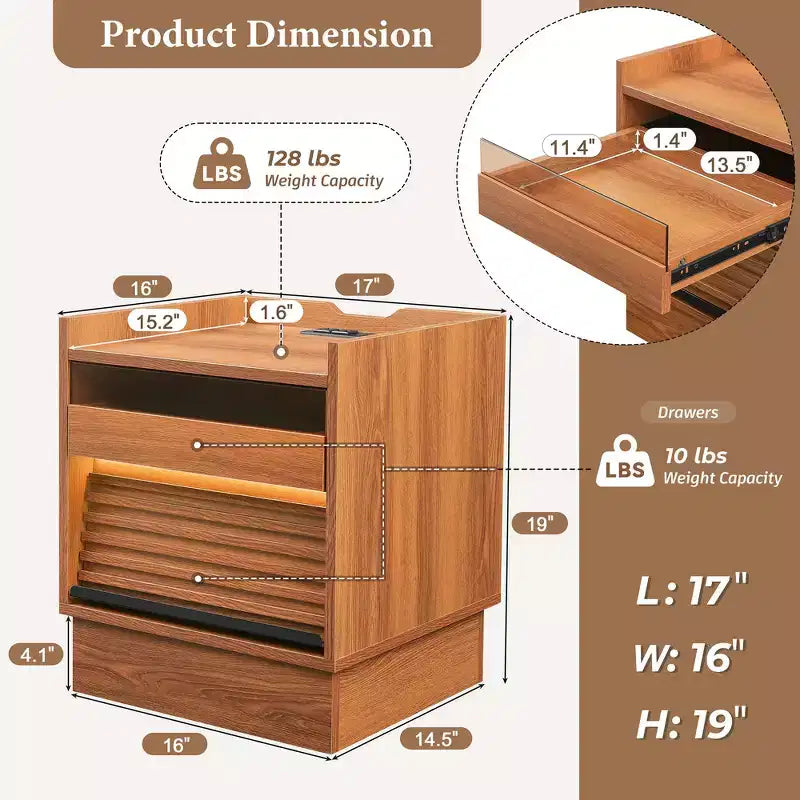 Comodino Moderno con 2 Cassetti, Luci LED e Porte di Ricarica, Ampio Spazio Contenitivo