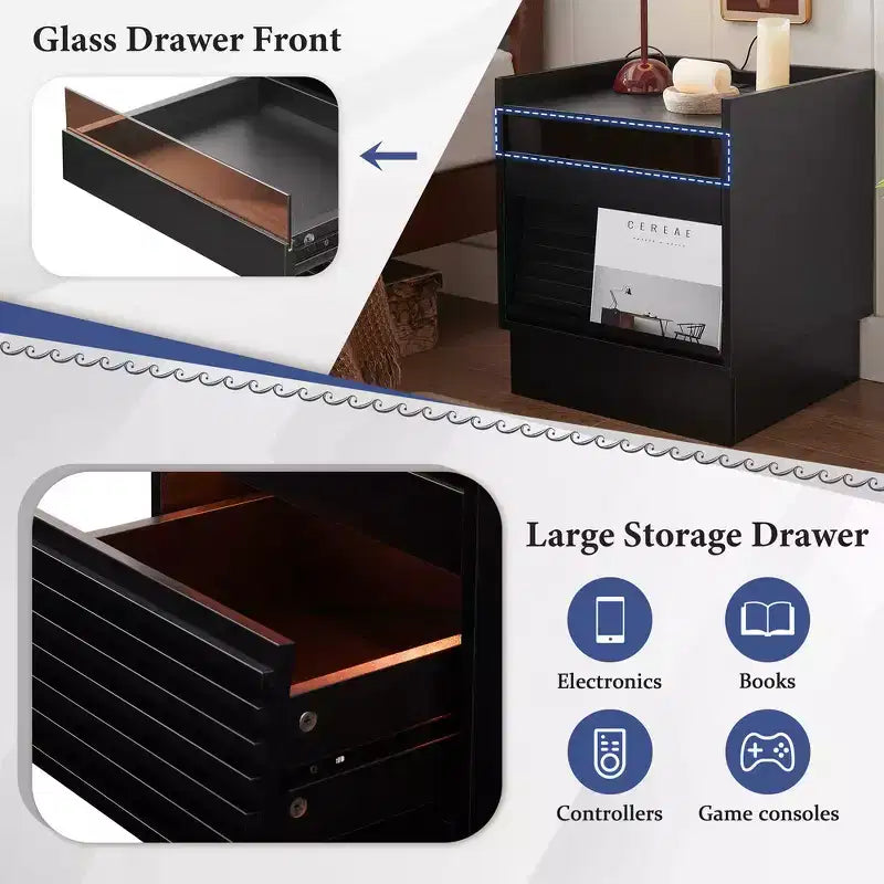 Comodino Moderno con 2 Cassetti, Luci LED e Porte di Ricarica, Ampio Spazio Contenitivo
