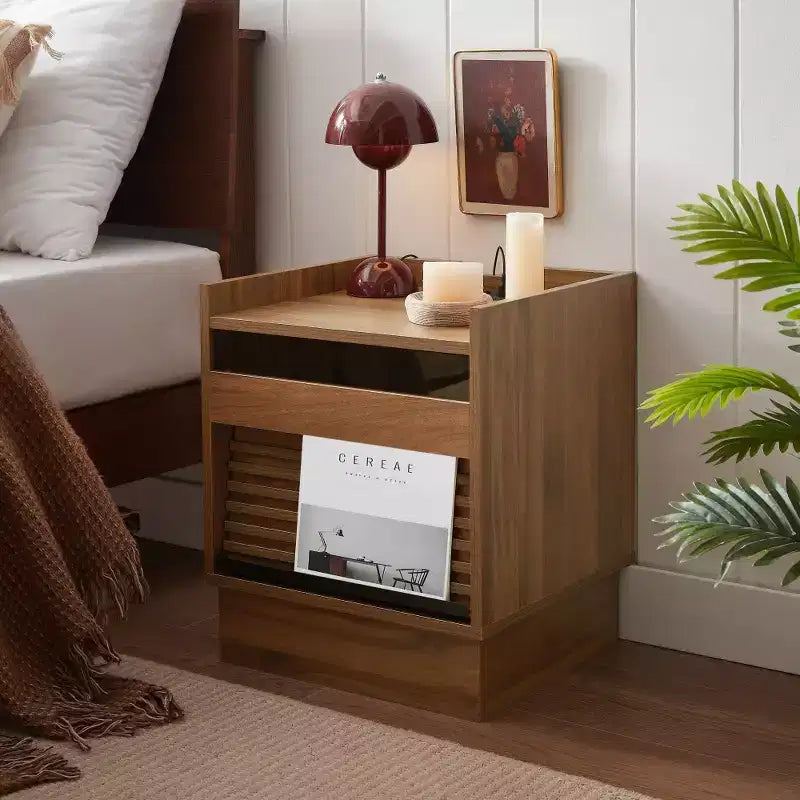 Comodino Moderno con 2 Cassetti, Luci LED e Porte di Ricarica, Ampio Spazio Contenitivo