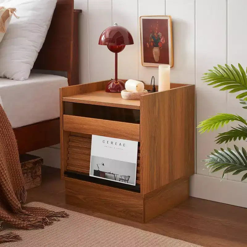 Comodino Moderno con 2 Cassetti, Luci LED e Porte di Ricarica, Ampio Spazio Contenitivo