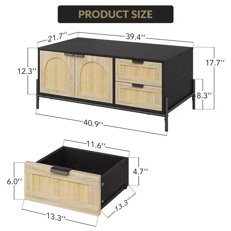 Tavolino da Caffè in Rattan Stile Fattoria, Tavolino Moderno con 2 Cassetti Contenitore e Scaffale Aperto, Tavolino Rettangolare per Soggiorno