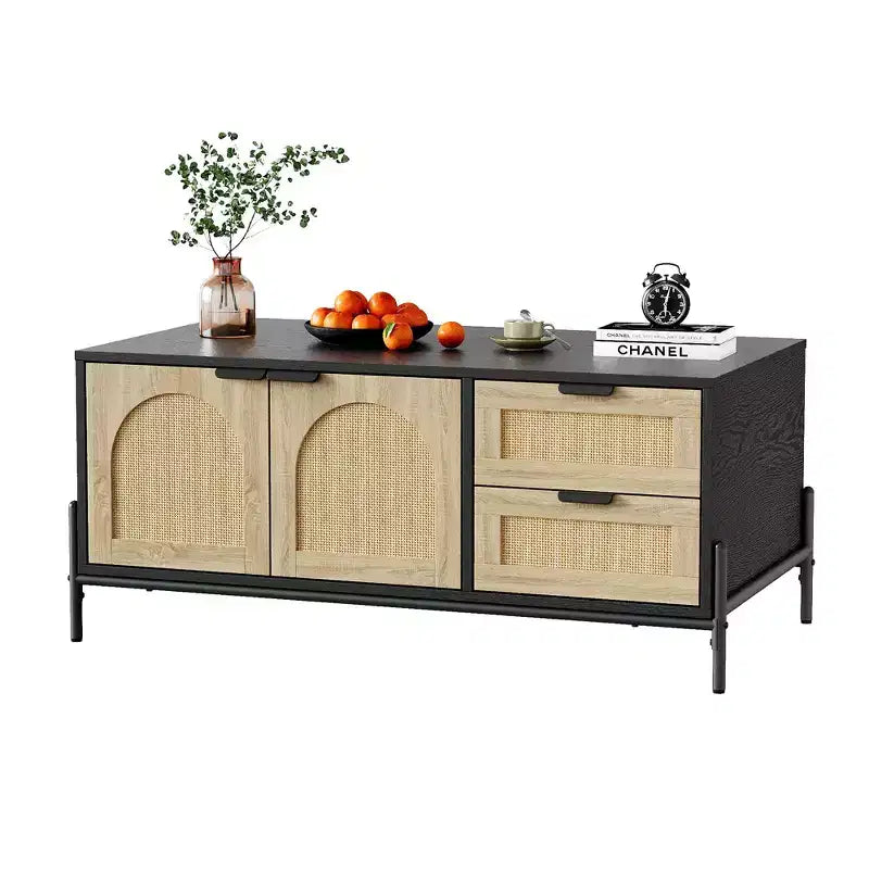 Tavolino da Caffè in Rattan Stile Fattoria, Tavolino Moderno con 2 Cassetti Contenitore e Scaffale Aperto, Tavolino Rettangolare per Soggiorno