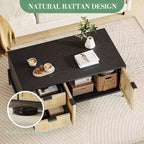 Tavolino da Caffè in Rattan Stile Fattoria, Tavolino Moderno con 2 Cassetti Contenitore e Scaffale Aperto, Tavolino Rettangolare per Soggiorno