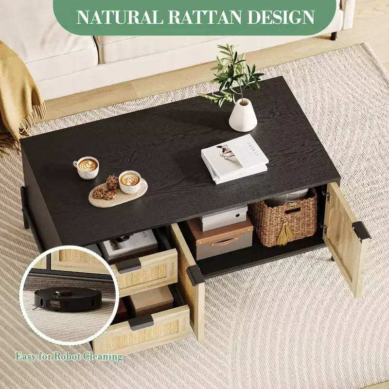 Tavolino da Caffè in Rattan Stile Fattoria, Tavolino Moderno con 2 Cassetti Contenitore e Scaffale Aperto, Tavolino Rettangolare per Soggiorno