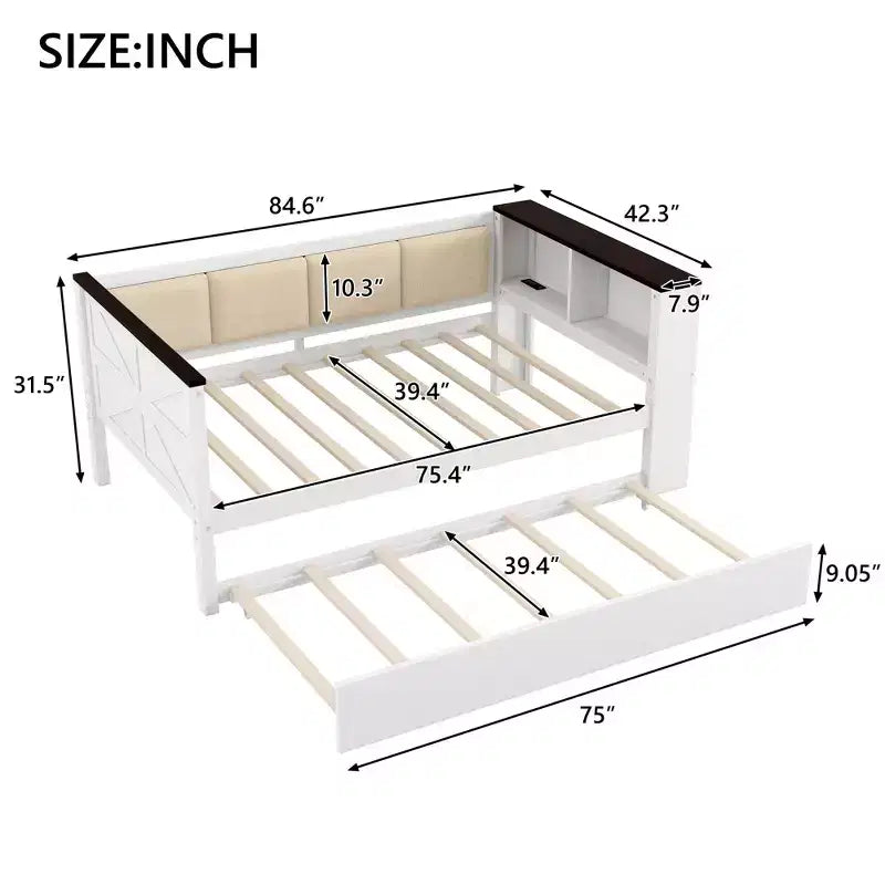 Daybed Gibson in Legno con Ripiani Contenitore e Schienale Imbottito