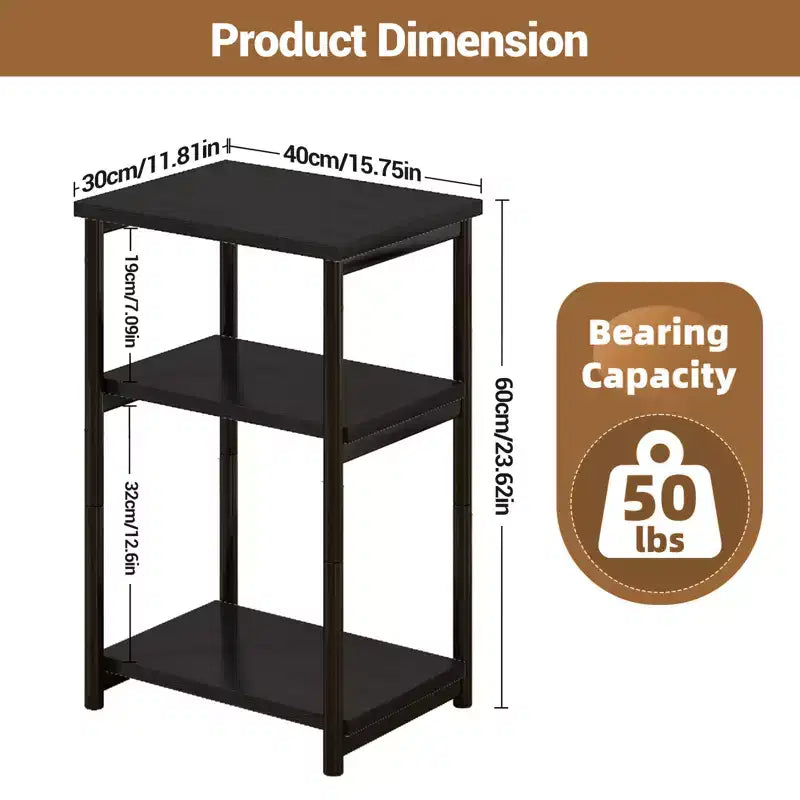 Tavolino a 3 ripiani, tavolino alto con struttura in metallo, tavolini da divano con contenitore per soggiorno, comodino con ripiano portaoggetti per camera da letto, bagno