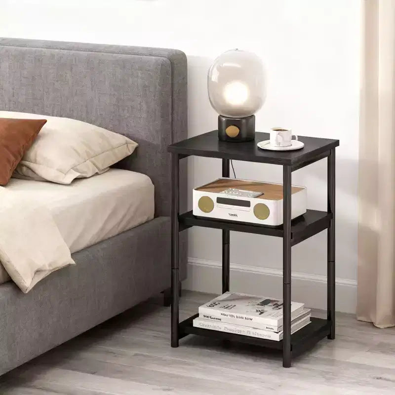Tavolino a 3 ripiani, tavolino alto con struttura in metallo, tavolini da divano con contenitore per soggiorno, comodino con ripiano portaoggetti per camera da letto, bagno