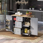 Isola da Cucina Mobile Nera con Piano in Legno di Gomma, 3 Cassetti, 2 Ripiani Estraibili, Porta Spezie, Porta Utensili