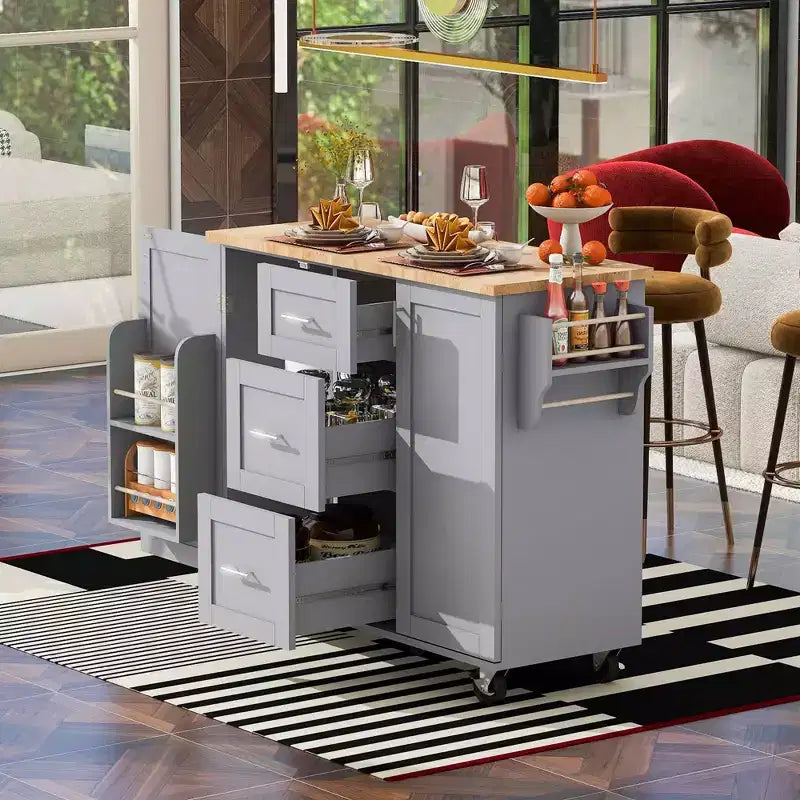 Isola da Cucina Mobile Nera con Piano in Legno di Gomma, 3 Cassetti, 2 Ripiani Estraibili, Porta Spezie, Porta Utensili